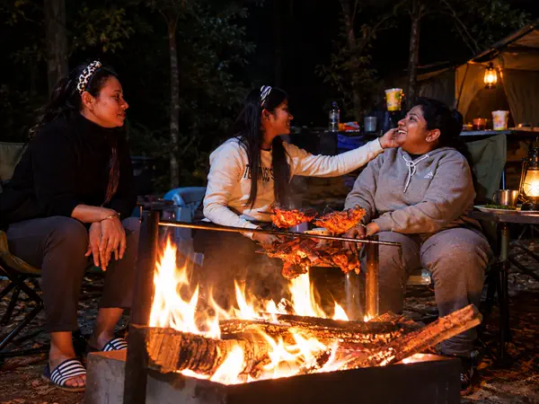 Guests chatting beside a campfire with barbecue at night