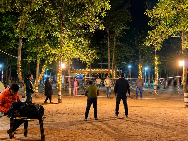 Guests playing games under the lights at night