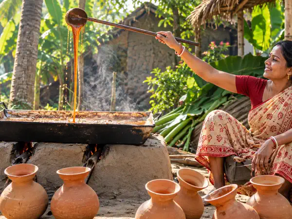 Golden jaggery syrup being poured beside clay pots