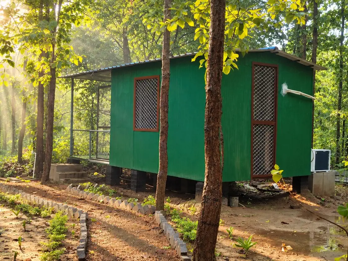 Container house surrounded by forest trees